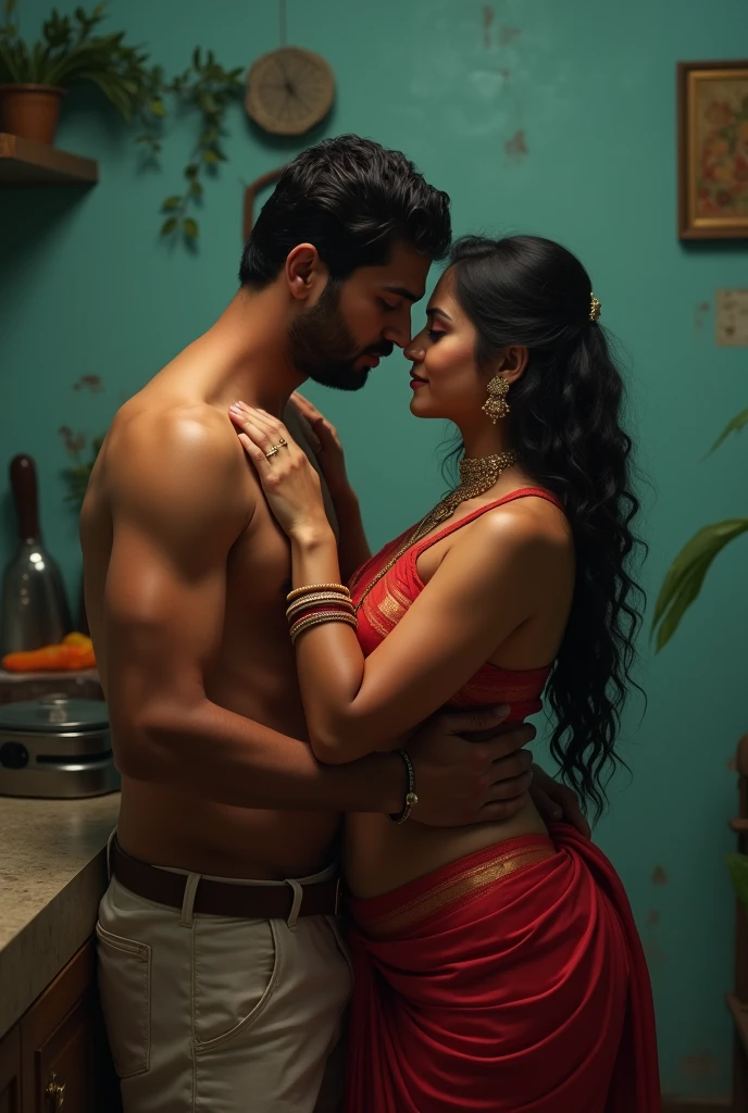 A married Hindu girl with bigger boobs, and her husband having sex in kitchen, humble home, teal wall, romantic sex, husband pressing her blouse from front, nsfw