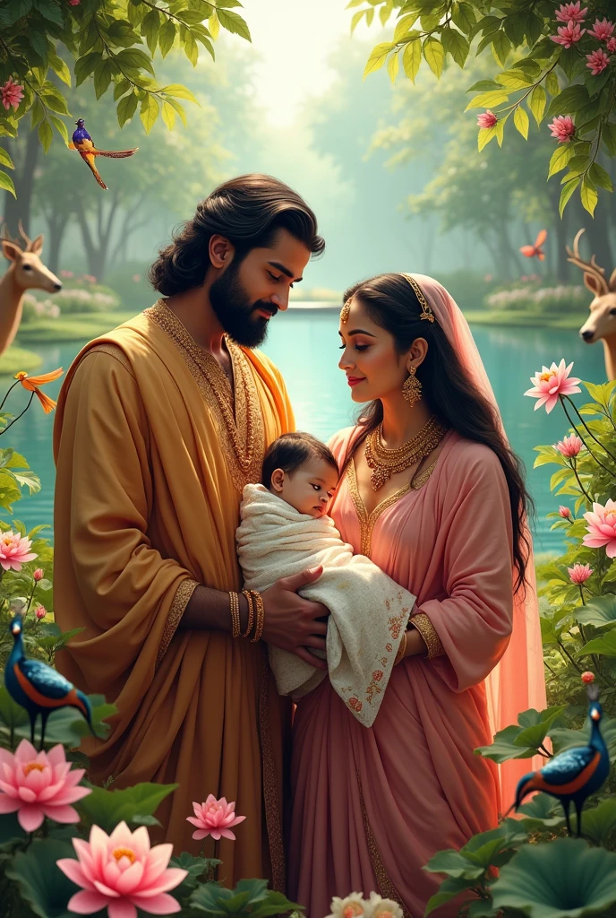 Indian king and queen with her newborn baby boy in the garden with lake flowers animals birds and her friends .. 