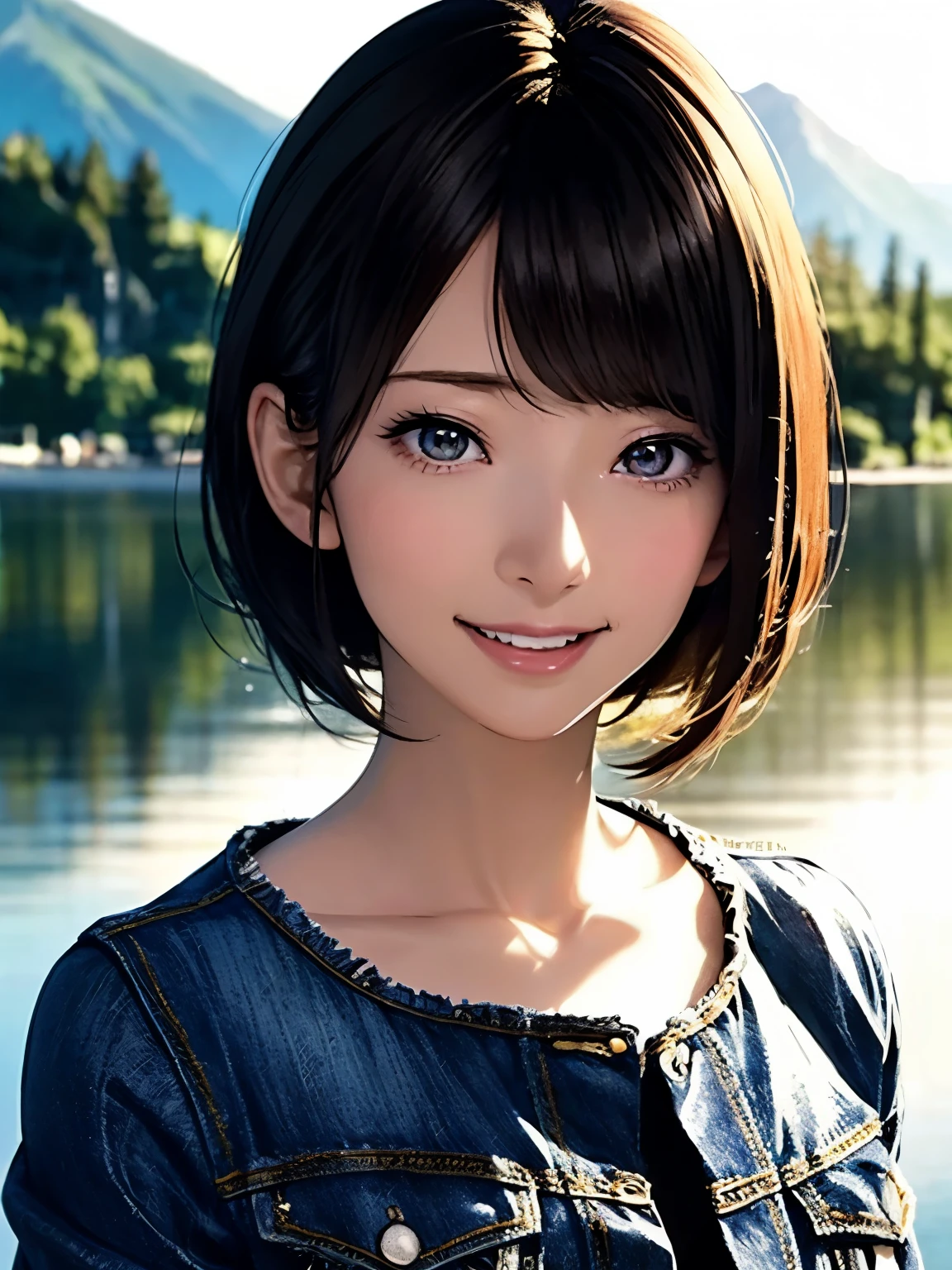 High resolution, 8k, Highest quality, detailed, Semi-realistic anime, Anime 3D Style, Smooth anime CG, One Girl, A 20-year-old Japanese woman, slim, Modeled, Shiny brown hair, detailedな顔, Beautiful and detailed, Glowing Skin, Hard Focus、Film Grain, Soft lighting, Looking at the audience, Laughter, (Woman wearing a light cardigan and jeans), Quiet lakeside、Sunset reflected on calm water and distant mountains々