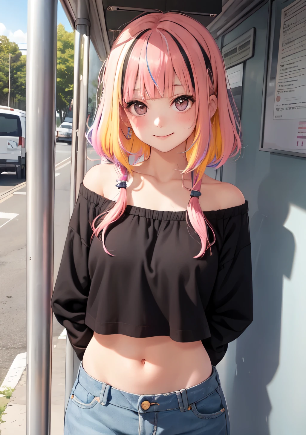 1girl, solo, looking_at_viewer, blush, matted hair, bangs,navel, collarbone, multicolored hair, cowboy_shot, black_eyes, shadow, arms_behind_back, light smile, bus stop 