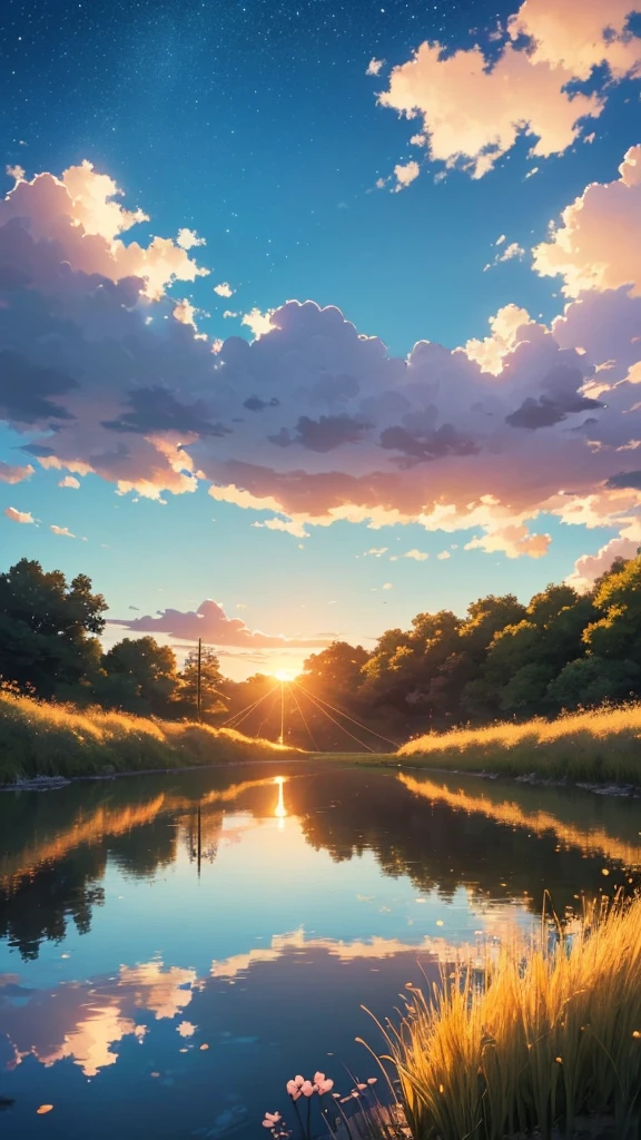 "A breathtaking 4K anime nature wallpaper inspired by Isao Takahata, styled as a photograph taken with a 35mm lens. The scene captures a tranquil Japanese countryside during a peaceful sunset, with a field of golden wheat gently swaying in the breeze, dotted with a few early stars. In the distance, a small, serene river reflects the vibrant colors of the sky, The atmosphere is calm and nostalgic, with a soft, warm color temperature and delicate, ethereal lighting, giving the scene a dreamy and peaceful feeling."