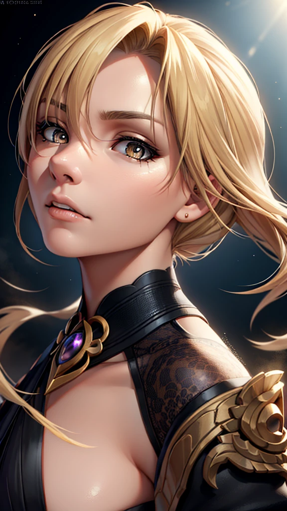 a tall, beautiful mature woman with a good build, blonde hair slicked back, short hair, bright eyes, angry expression, wearing a black robe, detailed fractal art background, colorful, (best quality,4k,8k,highres,masterpiece:1.2),ultra-detailed,(realistic,photorealistic,photo-realistic:1.37),official art,concept art,vibrant colors,dramatic lighting