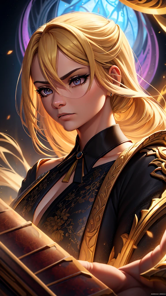 a tall, beautiful mature woman with a good build, blonde hair slicked back, short hair, bright eyes, angry expression, wearing a black robe, detailed fractal art background, colorful, (best quality,4k,8k,highres,masterpiece:1.2),ultra-detailed,(realistic,photorealistic,photo-realistic:1.37),official art,concept art,vibrant colors,dramatic lighting