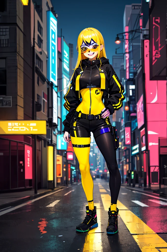 high quality, subsurface scattering, chromatic lighting,
colorized, yellow + black limited color palette, 
detailed concept drawing,
Street girl, cyberpunk, futuristic, fullbody,
portrait, 20yo 1girl, medium soft breasts, slender, long yellow hair, yellow eyes, posing, smiling