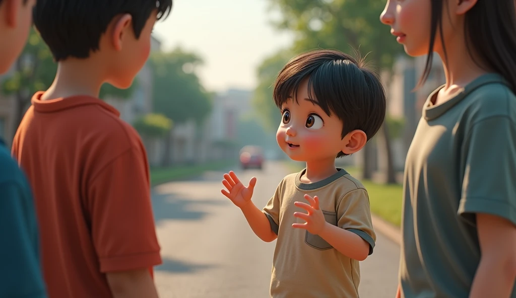 A 1 boy try to talking with 4 peoples who standing Infront of his , the boy opening his hands and try to explain something, background is a normal road, 8k very ultra realistic
