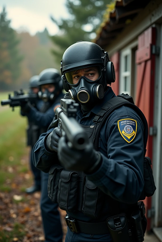 A team of police inside a farmer's house wearing oxygen masks and about to shoot guns towards the camera