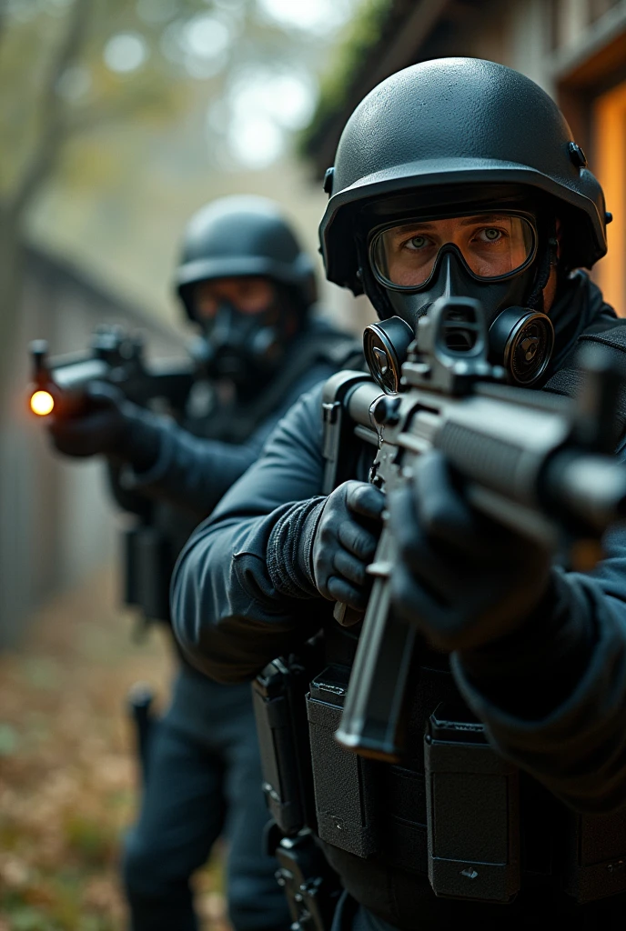 A team of police inside a farmer's house wearing oxygen masks and about to shoot guns towards the camera