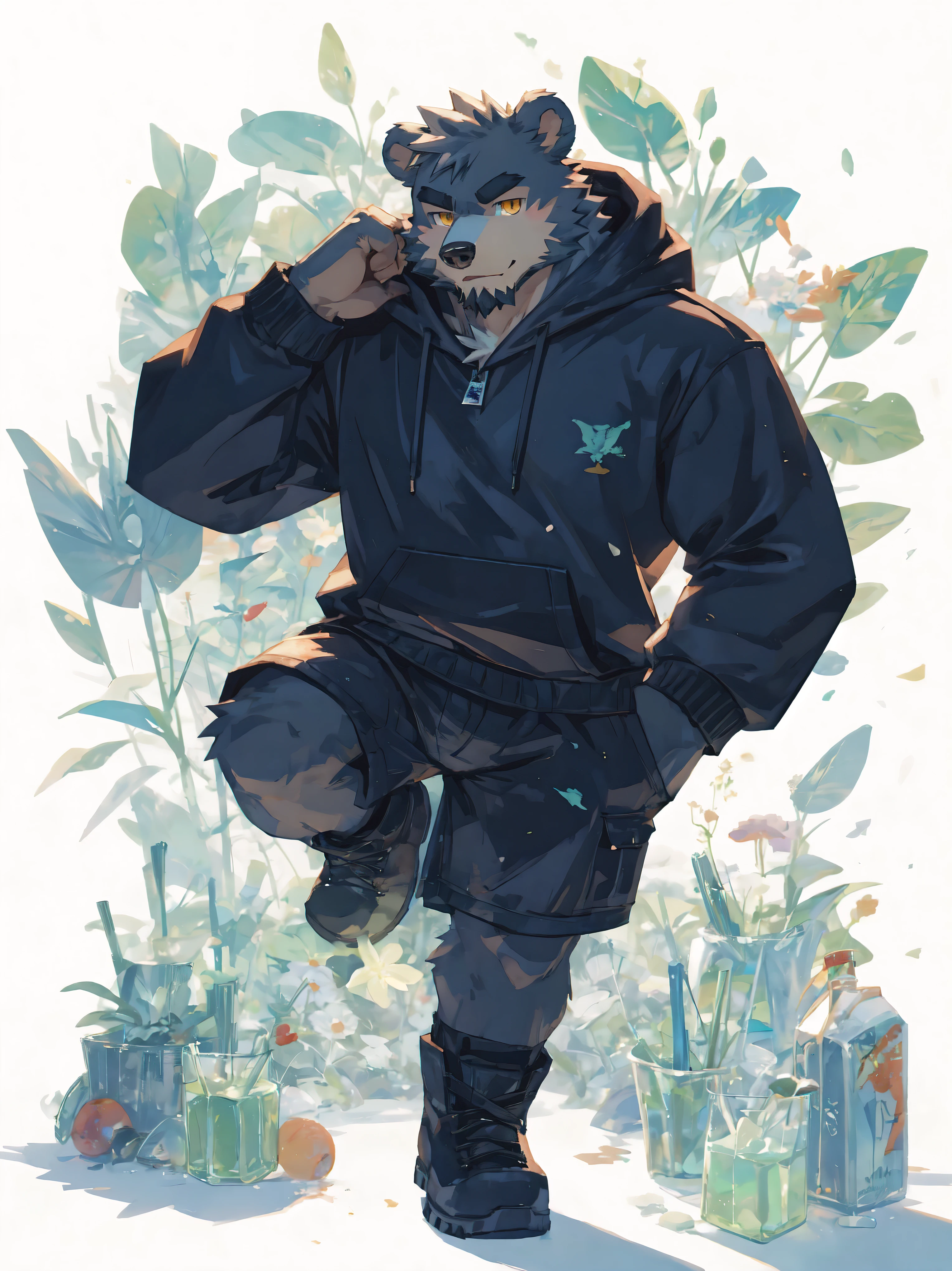 (masterpiece:1.2), best quality,pixiv,official art,perfect anatomy, (Ray tracing, light),solo, (1_male:1.3) , (muscle), (grey fur:1.4), (muscle bear), (beard:1.2), (gleaming golden eyes), bear tail, full body, Thick black eyebrows,(open short hoodie), (naked inside:1.2),cargo shorts, black short boots,(pure white background: 1.3), mint, ice , glass, soda, fresh