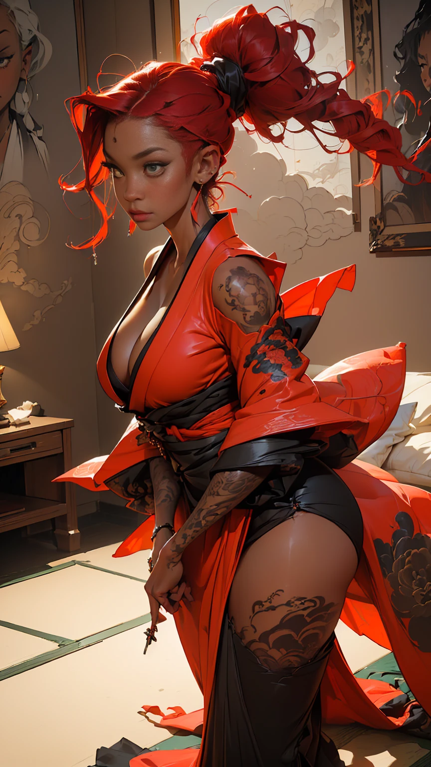 ((2))) black girl, (((very dark african skin))), (((close up pov full body portrait, sexy seductive slutty pose, ((accentuated super huge enormously gigantic nude , cleavage showing, wearing highly detailed and beautiful kimono))), (((very long wavy curly platinum red hair in a ponytail))), (((tattoo sleeves and piercings))), lots of african tribal tattoo sleeves, dark fantasy art, post apocalyptic art, Rich, Deep Colours, (intricate details:0.9), (HDR, hyper-detailing:1.2), (natural dark african skin textures, hyper realisitc, anime realistic, light, Sharp), luxurious Japanese bedroom background