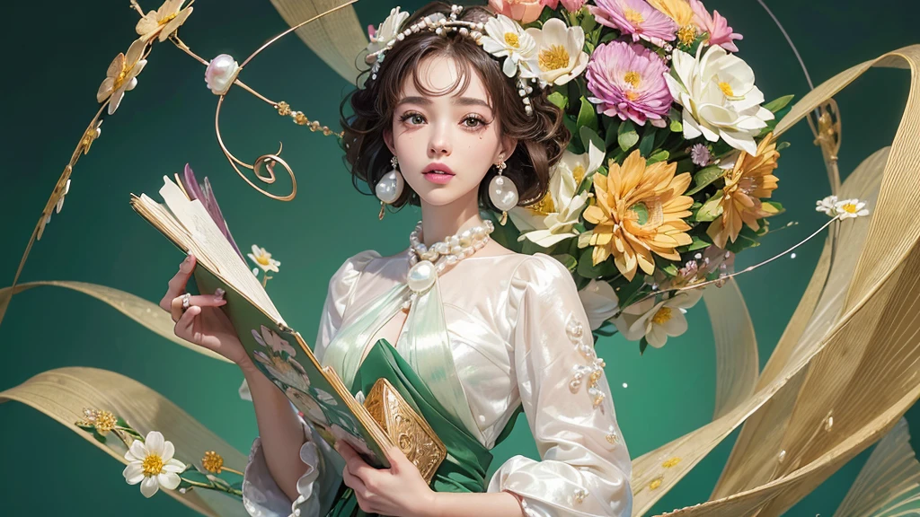 32K, 最高quality, 最高masterpiece, (ultra-Detailed Background, Detailed Background), High resolution, Super detailed, Very detailedな, 1 personの, (bouquet:1.3), (Tangled:1.2), (Geometric:1.2),(colorful),(masterpiece, quality, best quality, Official Art, Beautiful and beautiful:1.2), (1 person:1.3), Very detailed,(colorful:1.1)(Flowers:1.3),Most detailed,(Tangled:1.2), whole body, (Abstract background:1.3), (Skin glows), (Many colors:1.4), ,(Earrings Pearl:1.5), Light green background, It's imaginative., Brunette Hair, Updo, Holding a book, Holding a pen, Satin shirt