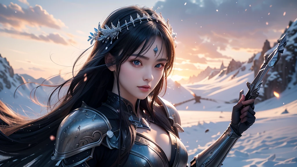 Close-up of woman holding sword and armor, Armor Girl, 2. 5D CGI anime fantasy artwork, Large Breasts,Epic fantasy digital art style, detailed Digital 2D fantasy art, Digital 2D fantasy art, original photo, (best quality:1.3), high resolution, (masterpiece), (lifelike:1.4), Professional photography, Be focused, High Dynamic Range, 8K resolution, Intricate details, Fine details, Depth of Field, Extremely detailed CG unified 8k wallpaper, masterpiece,poster,best quality,Official Art,(Beauty and aesthetics:1.2),(masterpiece:1.3),miss,Personal,Light Leather Armor,Complex Mode,winter,Snow Mountain,Medium distance photography,(midnight),dramatic,Glowing Wings,