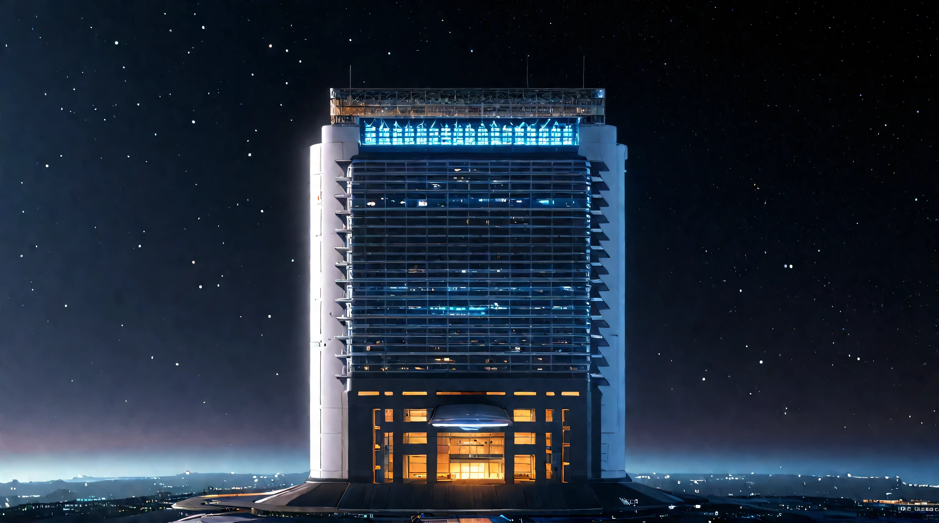 Future City Building,Tall buildings tower,The main building is the highest,night,Outer Space,spacecraft,Space base station,Planet Earth,Sci-fi style,Vertical composition,Interstellar background,Ultra wide-angle lens,Night lighting,spacecraft levitation,Space base station connection,Planet Earth Vision,Cool colors,Mystery。
