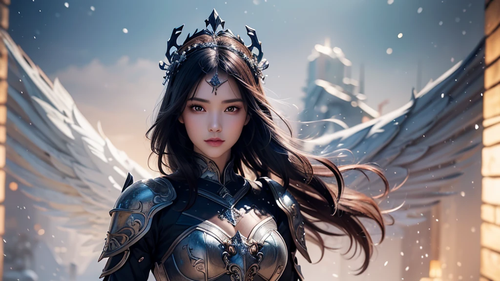 Close-up of woman holding sword and armor, Armor Girl, 2. 5D CGI anime fantasy artwork, Large Breasts,Epic fantasy digital art style, detailed Digital 2D fantasy art, Digital 2D fantasy art, original photo, (best quality:1.3), high resolution, (masterpiece), (lifelike:1.4), Professional photography, Be focused, High Dynamic Range, 8K resolution, Intricate details, Fine details, Depth of Field, Extremely detailed CG unified 8k wallpaper, masterpiece,poster,best quality,Official Art,(Beauty and aesthetics:1.2),(masterpiece:1.3),miss,Personal,Light Leather Armor,Complex Mode,winter,Snow Mountain,Medium distance photography,(midnight),dramatic,Glowing Wings,