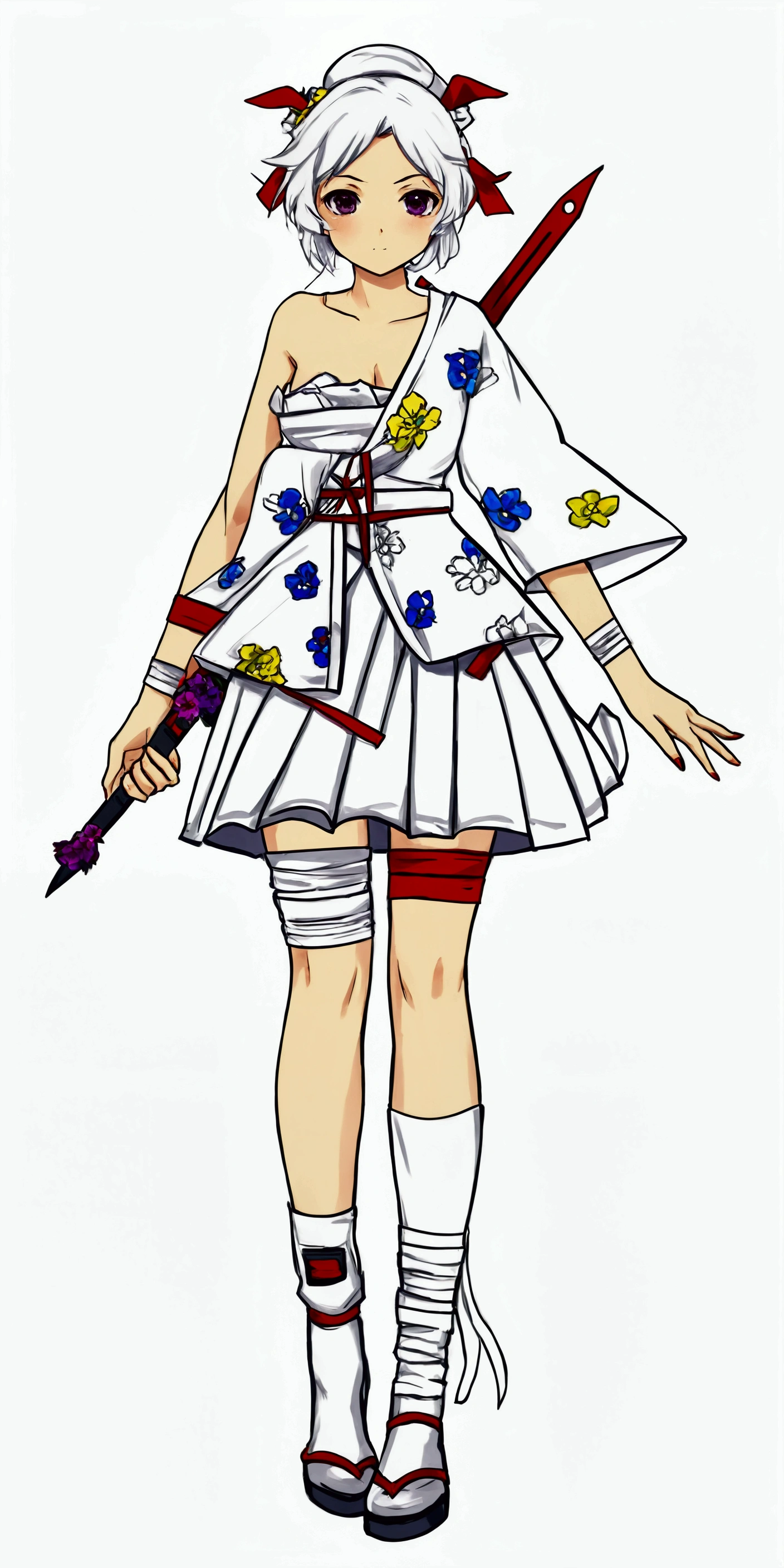 anime girl in a white dress with a knife and paintbrush, clear outfit design, yandere intricate, !!full body portrait!!, outfit design, style of magical girl, touhou character, concept art of comiket cosplay, mihoyo art style, kasumi arimura style 3/4, new costume concept design, shoujo manga character design, anime styled