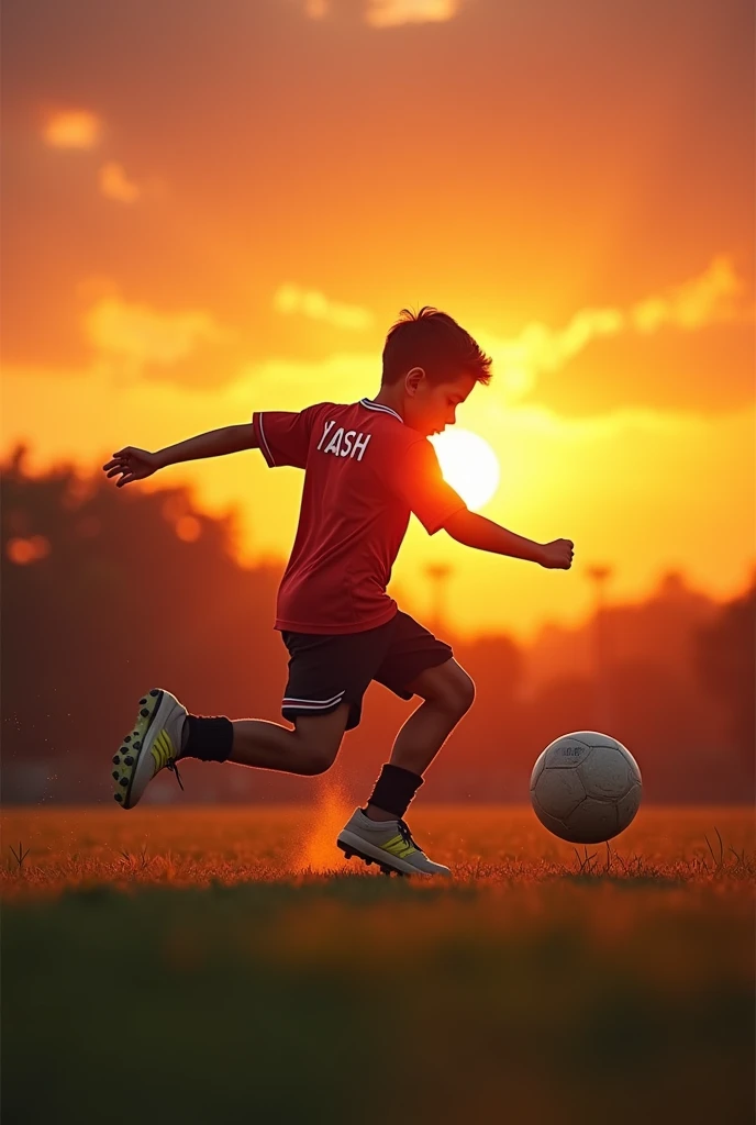 A boy is shooting the football and in sunset his jersey name is YASH