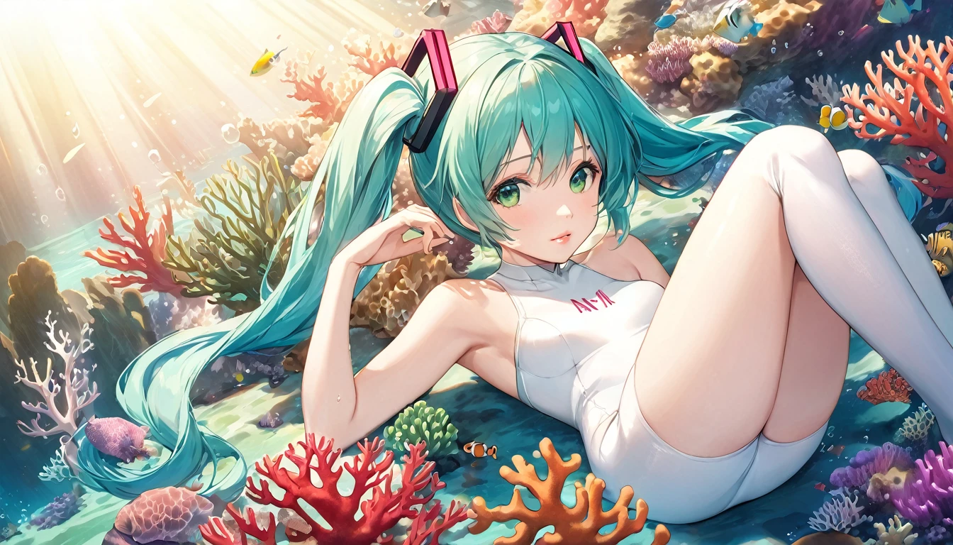 masterpiece，high resolution，Anime Art，Anime Numbers， 4k anime wallpaper，Soft Light，Radiant Skin，Looking at the camera，Solitary，An anime girl，Hatsune Miku，Lying down，Lips up，Firm chest，Green twin ponytails，Green eyes，White one-piece swimsuit，thigh，seabed，Coral Reef