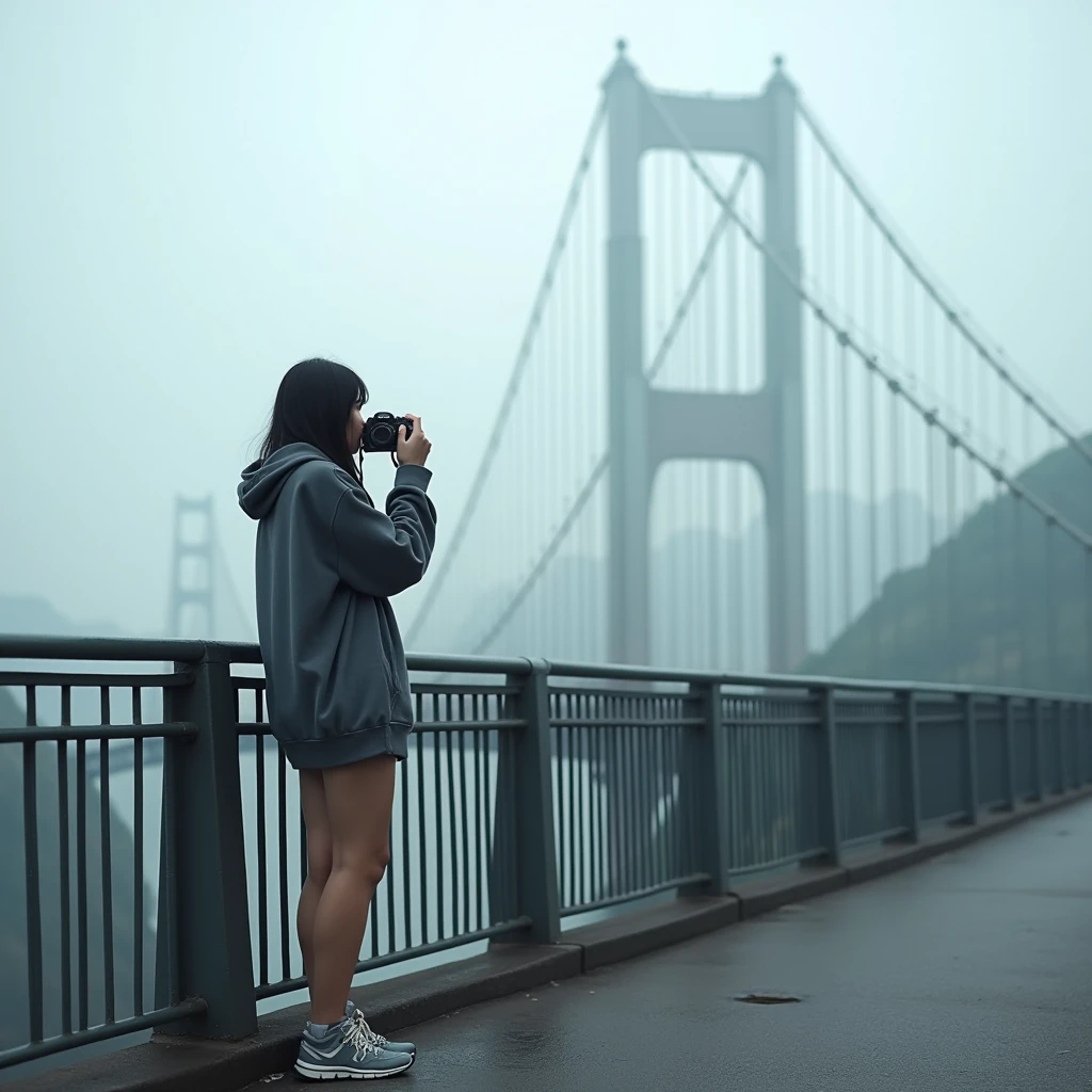 A super high-resolution, ultra-detailed A 1 woman standing on a bridge with the Tsing Ma Bridge in the background, wearing an oversized hoodie and biker shorts, with chunky sneakers. She leans on the railing, holding a camera, with the impressive suspension bridge and skyline visible through a light mist."