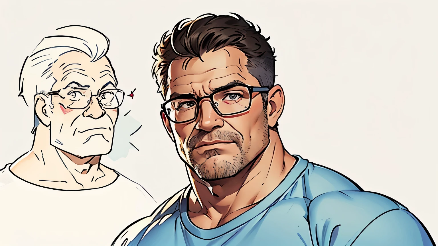 DClark, D_Clark, a sketch of a strong man, 25yo, with glasses, drawn on paper with a colors pens, on an office, simple lines, poor drawing, light background, cartoon style, caricature, simple lines, simple drawing, colored pencil