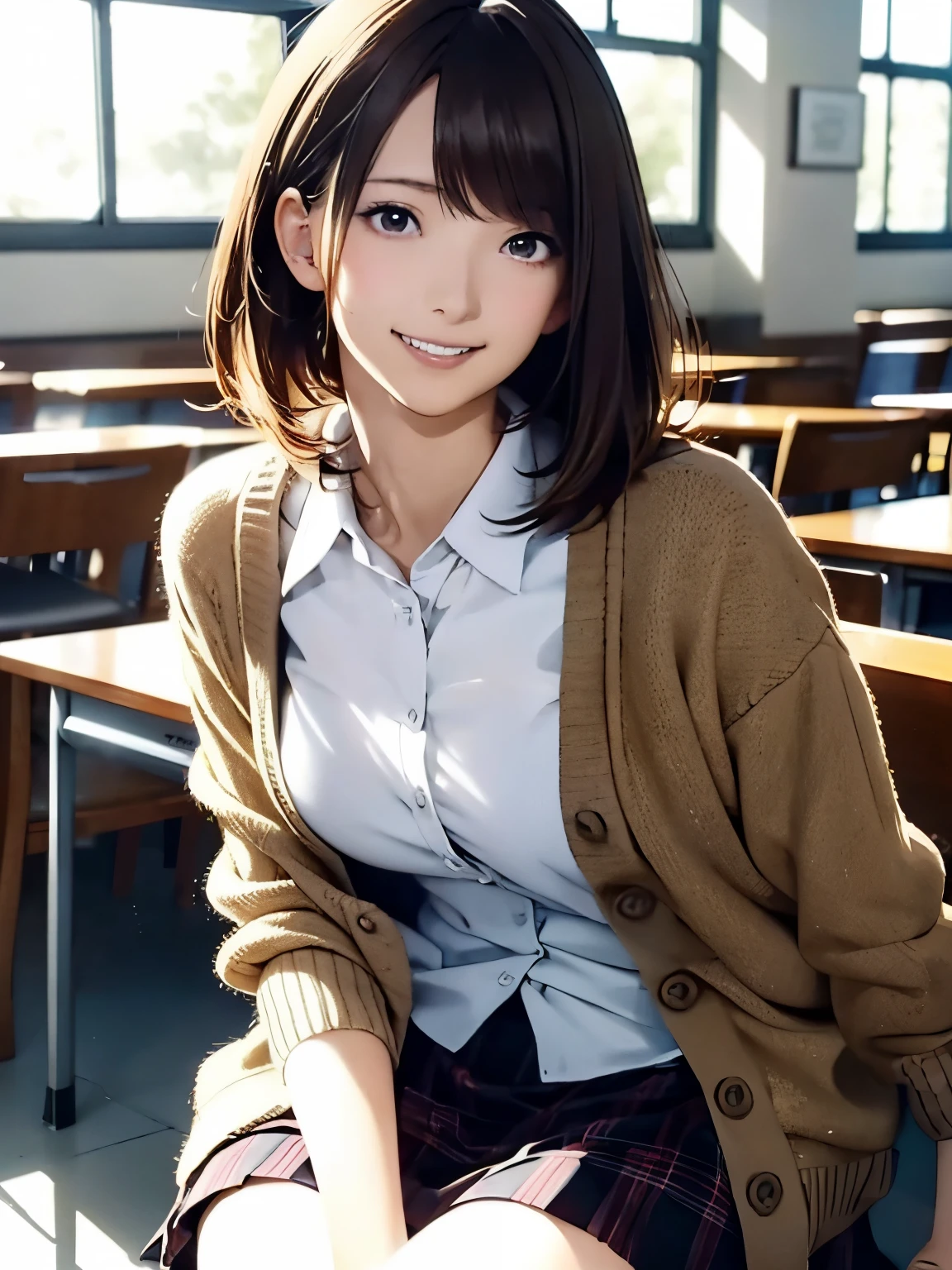 High resolution, 8k, Highest quality, detailed, Semi-realistic anime, Anime 3D Style, Smooth anime CG, One Girl, A 20-year-old Japanese woman, slim, Modeled, Shiny brown hair, detailedな顔, Beautiful and detailed, Glowing Skin, Hard Focus、Film Grain, Soft lighting, Looking at the audience, Laughter, (A woman wearing a casual cardigan and skirt), Quiet Library Reading Room、A relaxing space with natural light pouring in through large windows