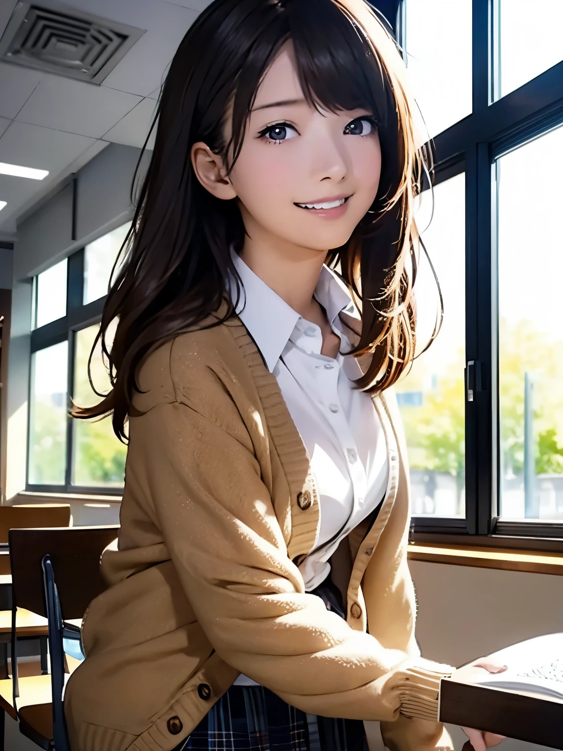 High resolution, 8k, Highest quality, detailed, Semi-realistic anime, Anime 3D Style, Smooth anime CG, One Girl, A 20-year-old Japanese woman, slim, Modeled, Shiny brown hair, detailedな顔, Beautiful and detailed, Glowing Skin, Hard Focus、Film Grain, Soft lighting, Looking at the audience, Laughter, (A woman wearing a casual cardigan and skirt), Quiet Library Reading Room、A relaxing space with natural light pouring in through large windows