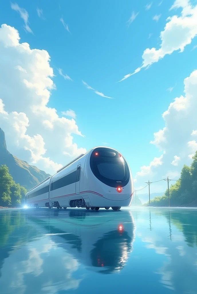 

18h
The train is driving on the water, surrounded by white clouds and a blue sky, with reflections of clouds in the lake surface. The background features illustrations in the style of anime with bright colors and high saturation. It has an oil painting effect, with delicate brushstrokes and clear details. High resolution. A mysterious scene.
1920X1080
