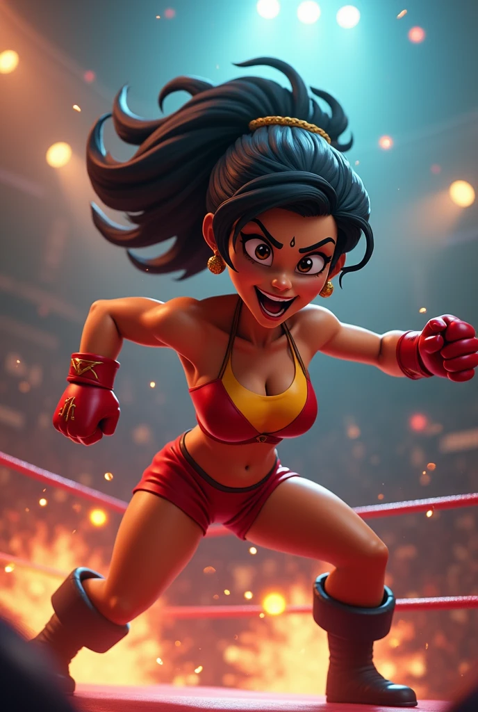 In cinematic 3D cartoon character styles 
Veera is a 3 most powerful Indian woman and with so many punches she completely injured the skinny girl and threw her out of the ring.