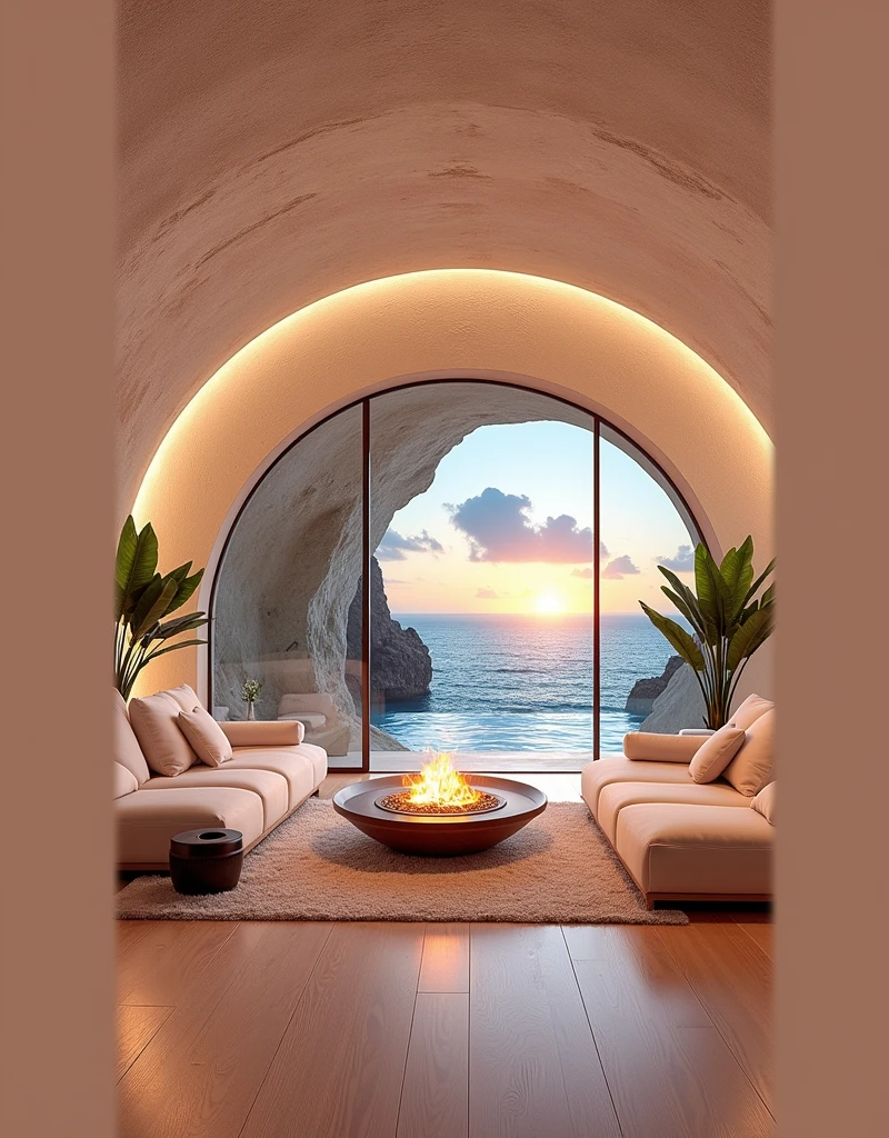 A photo of the interior design, a living room in a cave house overlooking the ocean at sunset. The room features large windows with a view of the rocks and sea, cozy luxurious couches, a fire pit, warm lighting, a modern luxury style, wood floors, many green plants, and neutral tones. This is an example of architectural photography. Best quality. pastel colors.