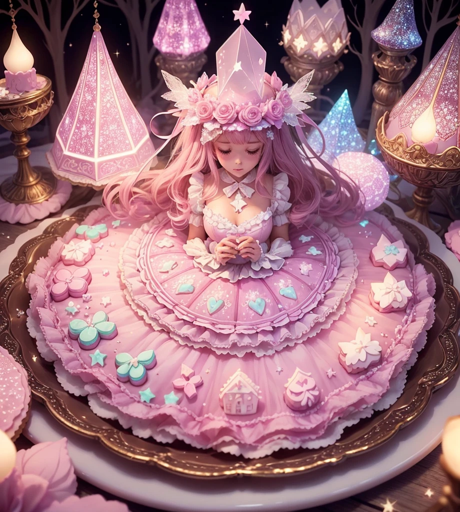 Create gorgeous handmade cookies that fit together like a puzzle in the forest Candy Castle Fairy World chocolate A soft light shines through Delicate lace and ribbon Light color gem lame Photon Mapping High Contrast Diamond particles antique The color is pink and white Cookie Puzzle cute Sparkling Star Fragment Multiple Exposure Fluffy stuffed rabbit