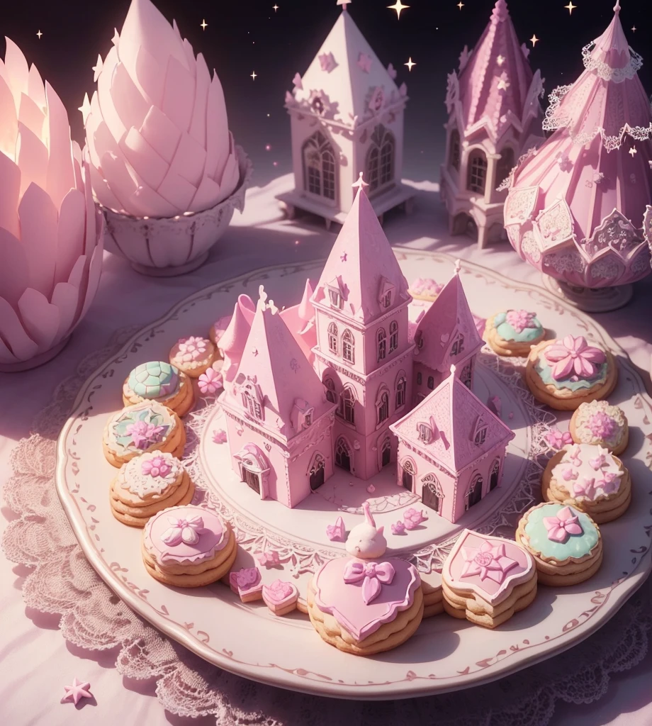 Create gorgeous handmade cookies that fit together like a puzzle　in the forest　Candy Castle　Fairy World　chocolate　A soft light shines through　Delicate lace and ribbon　Light color　gem　lame　Photon Mapping　High Contrast　Diamond particles　antique　The color is pink and white　Cookie Puzzle　cute　Sparkling　Star Fragment　Multiple Exposure　Fluffy stuffed rabbit