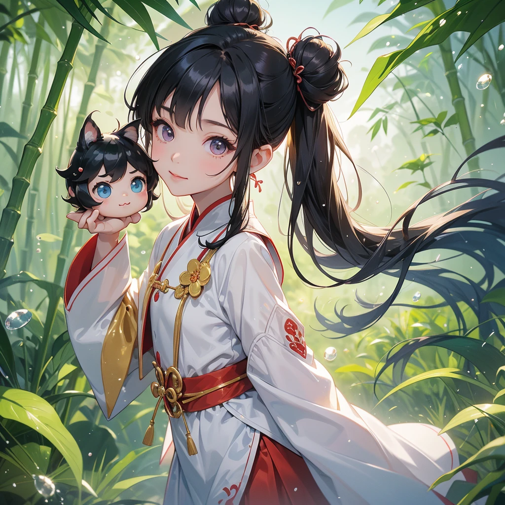 A chibi child girl had a small face and Wearing white little Taoist priest's outfit. A pair of big round eyes shone with curiosity about him. This child was so cute! ,her hair is black with two buns on her hair.small chibi, chibi baby, smiling,The little chibi baby looked up with his chest raised, and his face was old and proud.
The back is a lush green bamboo forest. The air after rain has water droplets splashing around.