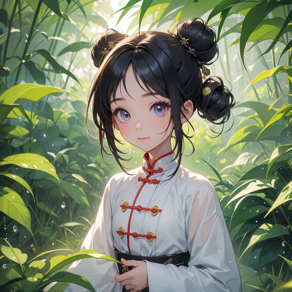 A chibi child girl had a small face and Wearing white little Taoist priest's outfit. A pair of big round eyes shone with curiosity about him. This child was so cute! ,her hair is black with two buns on her hair.small chibi, chibi baby, smiling,The little chibi baby looked up with his chest raised, and his face was old and proud.
The back is a lush green bamboo forest. The air after rain has water droplets splashing around.