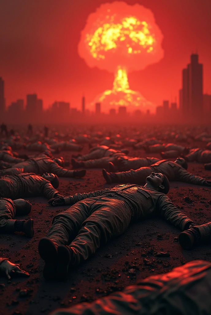 Charred bodies torn apart by military personnel by nuclear detonation in red-toned background
