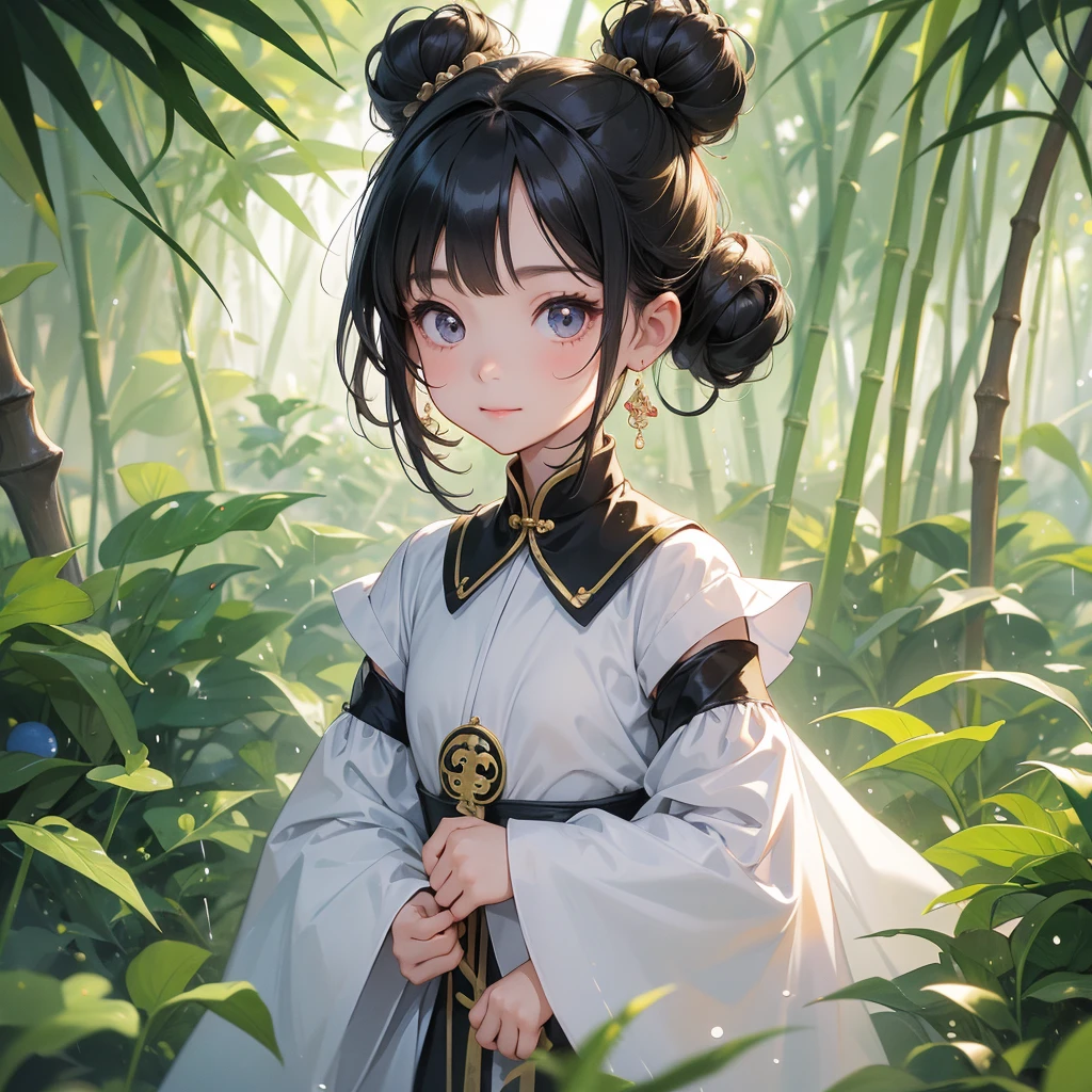 A chibi child girl had a small face and Wearing white little Taoist priest's outfit. A pair of big round eyes shone with curiosity about him. This child was so cute! ,her hair is black with two buns on her hair.small chibi, chibi baby, smiling,The little chibi baby looked up with his chest raised, and his face was old and proud.
The back is a lush green bamboo forest. The air after rain has water droplets splashing around.