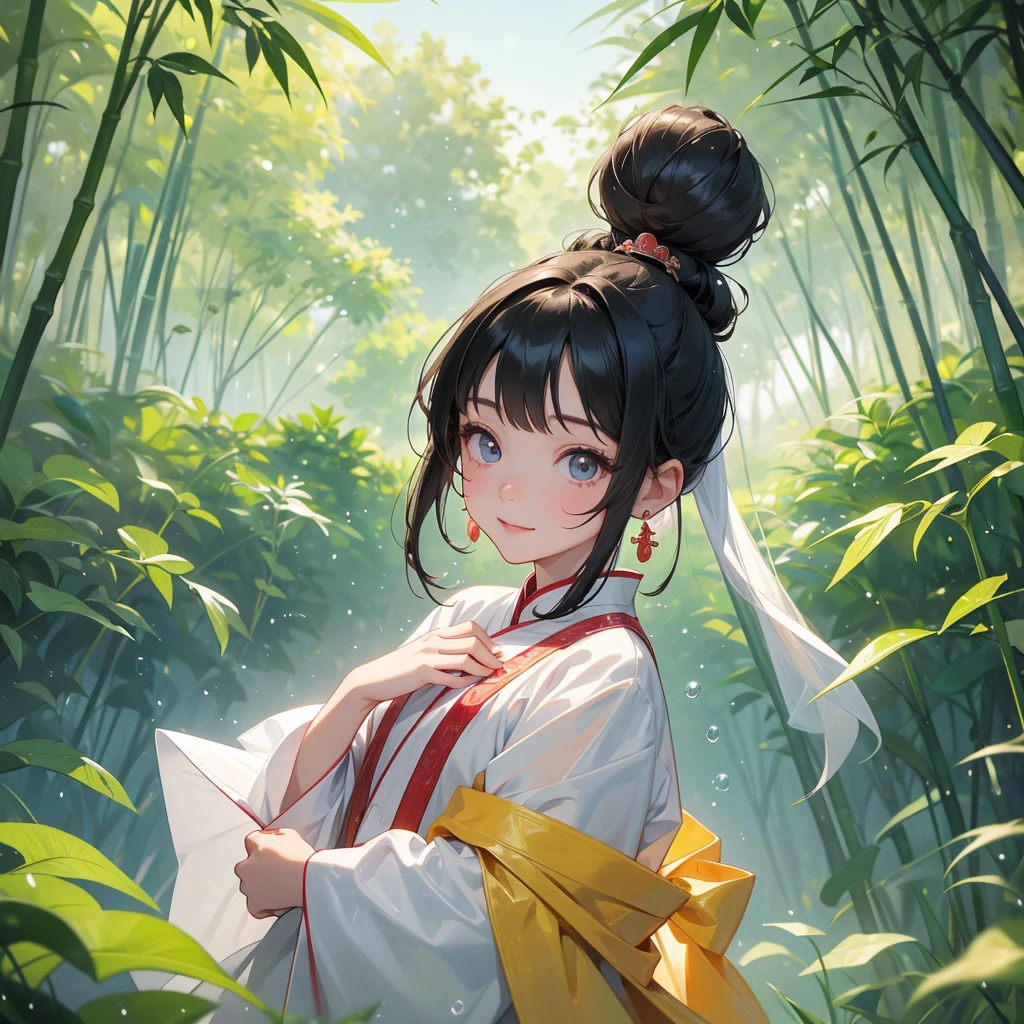 A chibi child girl had a small face and Wearing white little Taoist priest's outfit. A pair of big round eyes shone with curiosity about him. This child was so cute! ,her hair is black with two buns on her hair.small chibi, chibi baby, smiling,The little chibi baby looked up with his chest raised, and his face was old and proud.
The back is a lush green bamboo forest. The air after rain has water droplets splashing around.