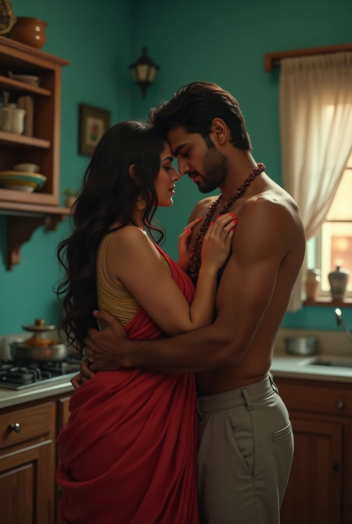A married Hindu girl with bigger boobs, and her husband having sex in kitchen, humble home, teal wall, romantic sex, husband hugging from behind and grabbing breast, nsfw