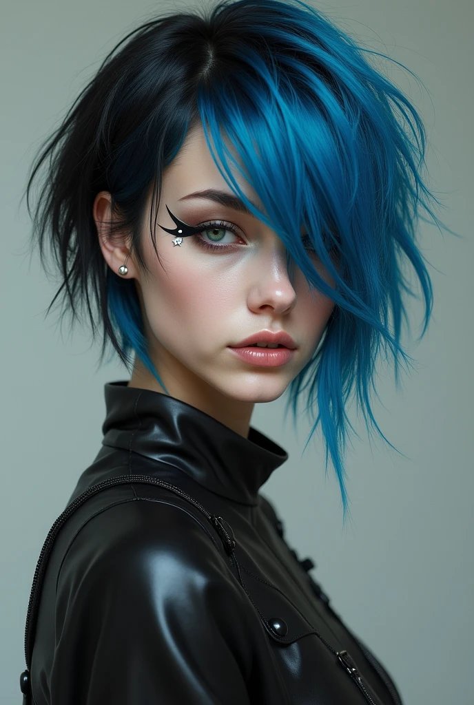 A 2 white-skinned girl
Punk hair from blue to black 
With piercings in the left eyebrow and left ear 
With the left arm painted matte black 