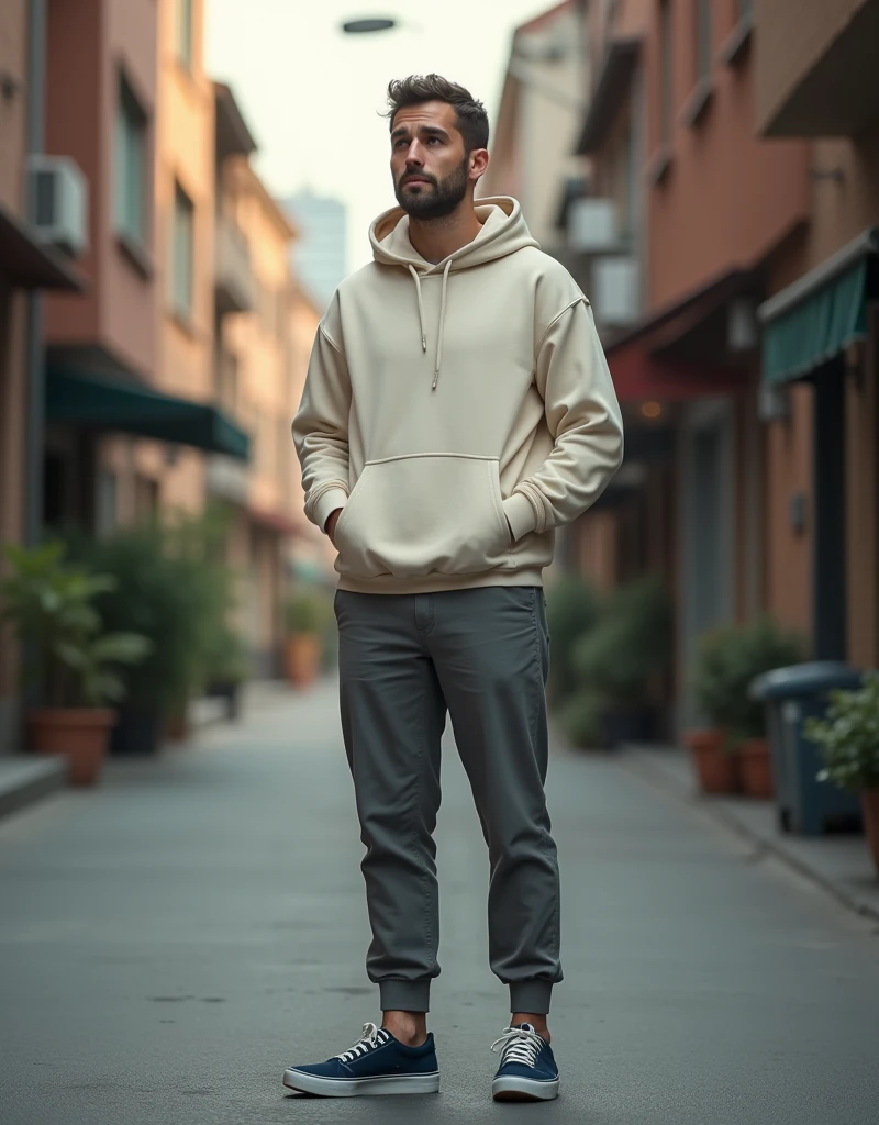 a man in a quiet street, 30 year old, wearing cream hoodie, grey chinos, navy plimsols, full body, looking at viewer, detailed face, hyperrealistic, 8k, masterpiece, photorealistic, hdr, cinematic lighting, warm color tones, urban setting, realistic textures, detailed clothing