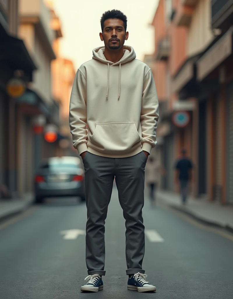 a man in a quiet street, 30 year old, wearing cream hoodie, grey chinos, navy plimsols, full body, looking at viewer, detailed face, hyperrealistic, 8k, masterpiece, photorealistic, hdr, cinematic lighting, warm color tones, urban setting, realistic textures, detailed clothing