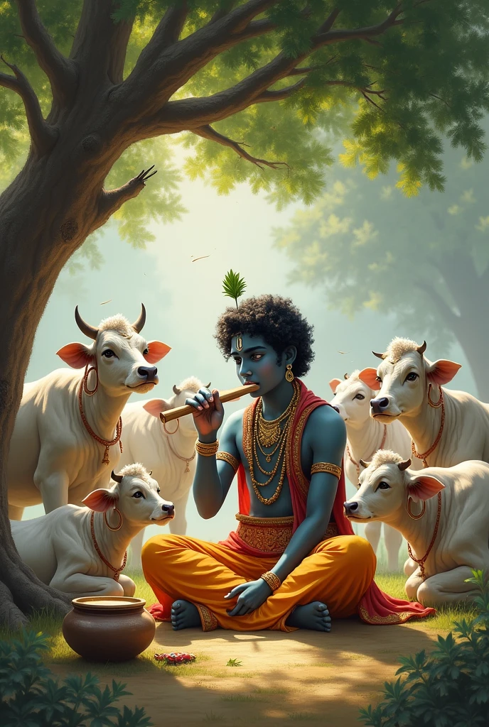 Lord krishna sitting under tree. Krishna is playing flute and makkhan pot is beside him. He is surrounded by cows
