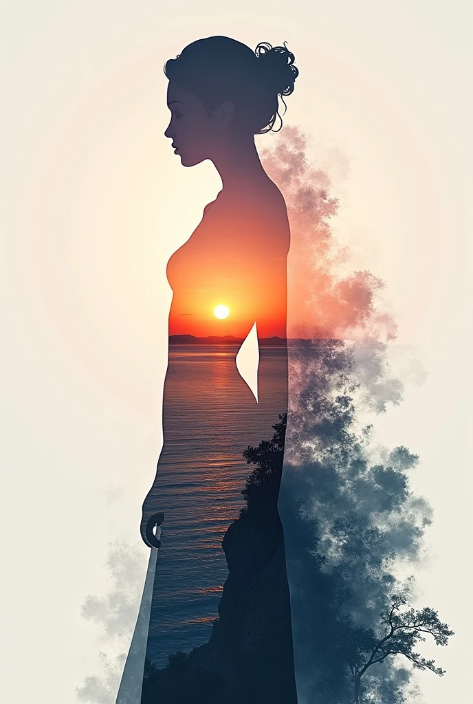 high quality, 8K Ultra HD, A beautiful double exposure that combines an goddess silhouette with sunset coast, sunset coast should serve as the underlying backdrop, with its details incorporated into the goddess , crisp lines, The background is monochrome, sharp focus, double exposure, by yukisakura, awesome full color,