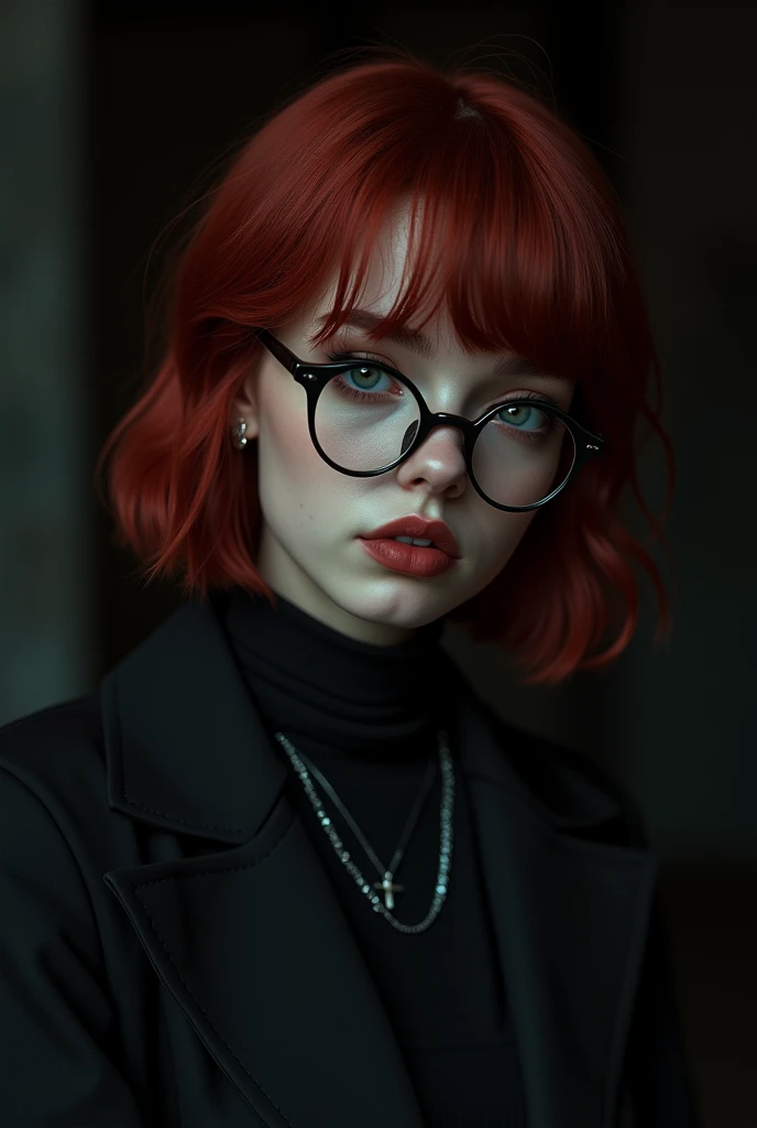 Very pretty age gothic woman with short red hair and glasses wearing black clothes