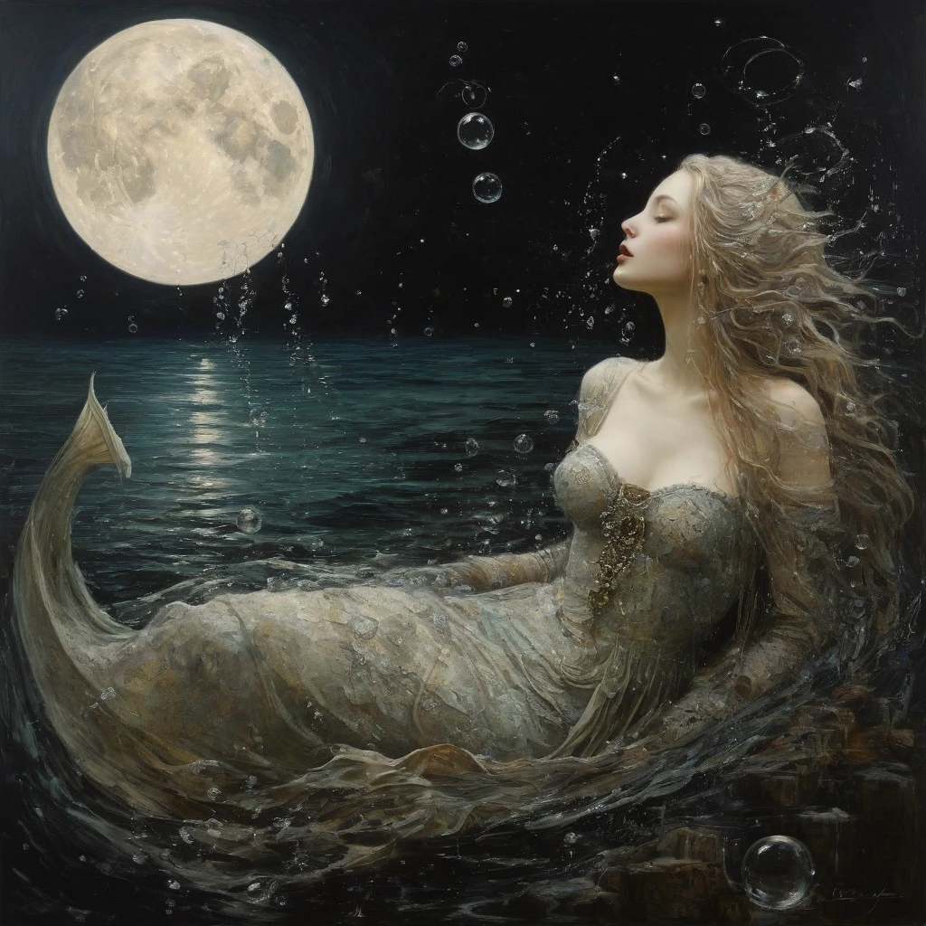 James Gurney, Surrealist art , dream-like, mysterious, Provocative, symbolic, Complex, detailed,, (Gothic but very beautiful:1.4), (masterpiece, Highest quality:1.4) , Nicola Samori Style, The moon kissed the mermaid , Water bubbles
