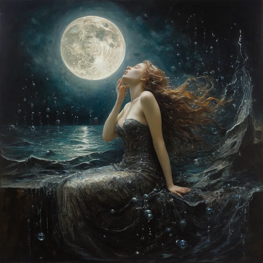 James Gurney, Surrealist art , dream-like, mysterious, Provocative, symbolic, Complex, detailed,, (Gothic but very beautiful:1.4), (masterpiece, Highest quality:1.4) , Nicola Samori Style, The moon kissed the mermaid , Water bubbles
