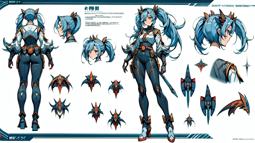 Close-up of a girl in a mecha costume, mecha musume ((character concept art)), ((character design sheet, same character, front, side, back)) maple story character art, video game character design, video game character design, maple story mechs girl, expert high detail concept art, metal bullet concept art, chubby character design, gigantic twintails, gravity rush inspiration, detailed gear, Mecha wings, Concept art, belt buckle at waist, gigantic laser weapon,
