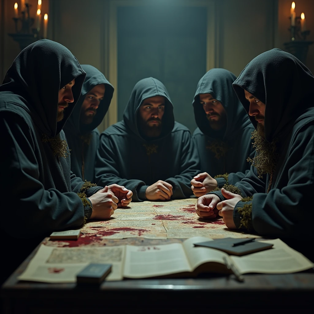 Close-up shot, Low angle shot, a candlelit room where five men sat in a row, their faces serious and determined, wearing culthu robe with hood and covered by dry moss, the table covered with maps and splaterd blood, books, The contrast between the calculated plotting and creates a sense of tension and mystery, leaving the viewer questioning the true nature of the Illuminati.) unreal engine, cinematic, hyper-real, highly detailed, Ultra realistic HD --q 2 --v 6.1 --ar 9:16