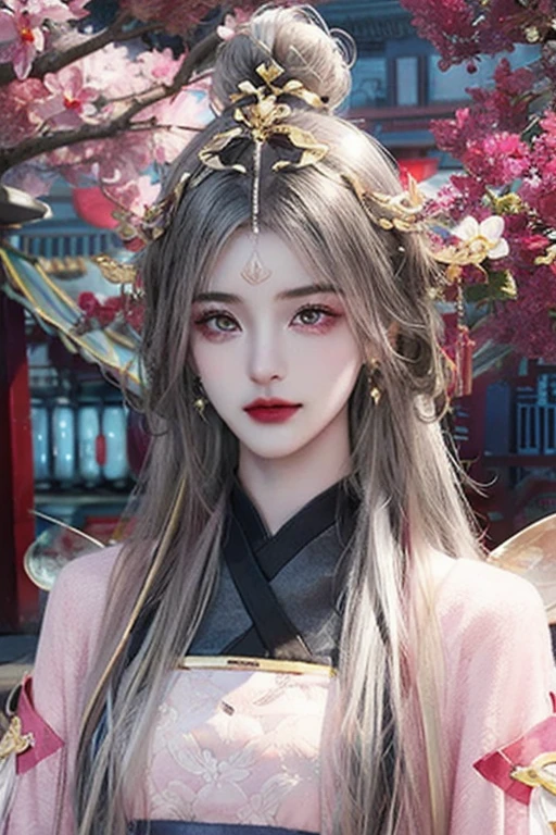 Most beautiful xianxia female protagonist,silver long hair and magenta eyes,magenta pink eyes,left and right ultra detailed eyes,eyes detailed, silver long hair,magenta eyes,perfect eyes,full body photorealistic,full body detailed,use majestic garmen with pink fillamen,face detailed,lips detailed,thin red lips,golden rune scratch at fore head,forehead detailed,better quality,held fairy sword masterpiece,24K ultra hd,super beautiful detail,goddess featuring 