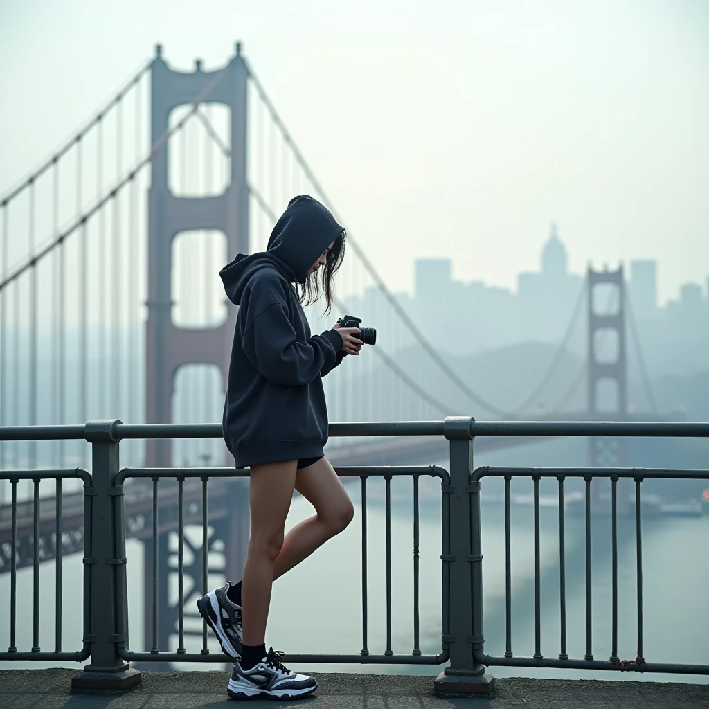 A super high-resolution, ultra-detailed, hyperrealista, A 1 woman standing on a bridge with the Tsing Ma Bridge in the background, wearing an oversized hoodie and biker shorts, with chunky sneakers. She leans on the railing, holding a camera, with the impressive suspension bridge and skyline visible through a light mist."