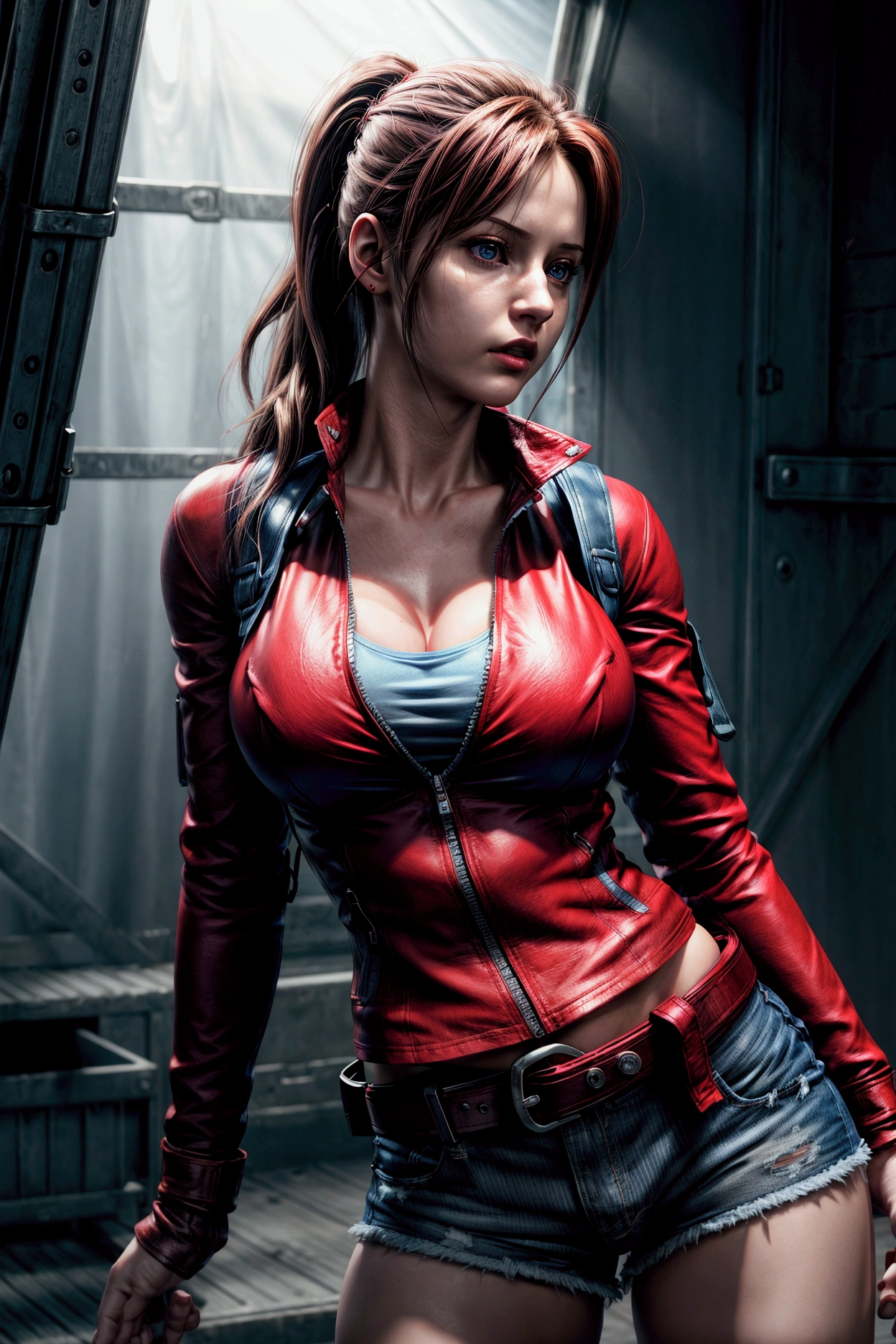 claire redfield, sexy pose, 3 size breasts, blue shorts, tight t-shirt, red jacket, military belts and straps, realistic skin, ulltra realistic art, feminine body,