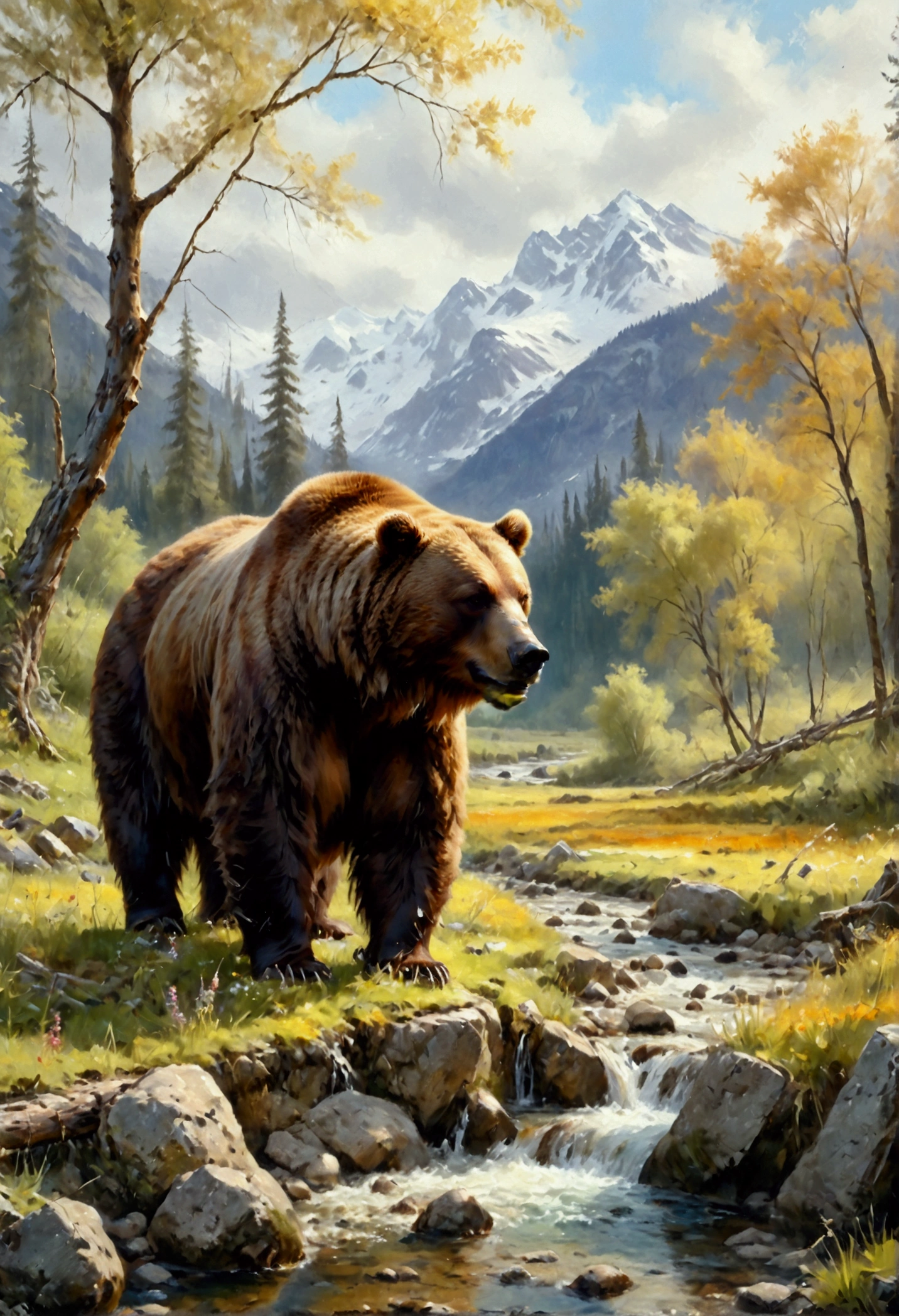 Arafed, an oil painting of a brown bear grazing in the meadows near a stream of water, wide shot, High Detail, Ultra High Quality, High Resolution, 16K Resolution, Ultra HD Pictures, Ultra Realistic, Clear Details, Realistic Detail, Ultra High Definition, oil pastel