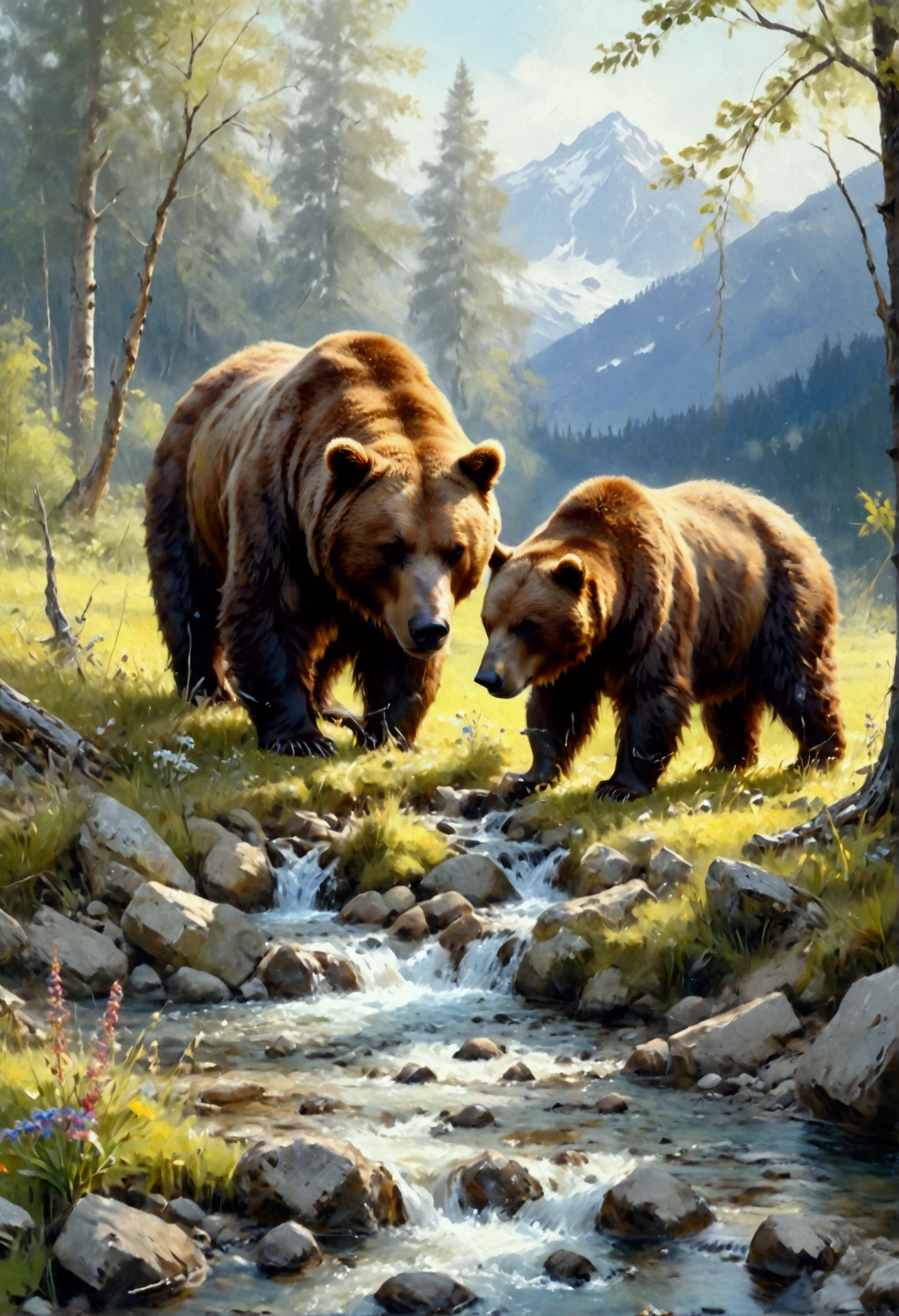 Arafed, an oil painting of a brown bear grazing in the meadows near a stream of water, wide shot, High Detail, Ultra High Quality, High Resolution, 16K Resolution, Ultra HD Pictures, Ultra Realistic, Clear Details, Realistic Detail, Ultra High Definition, oil pastel